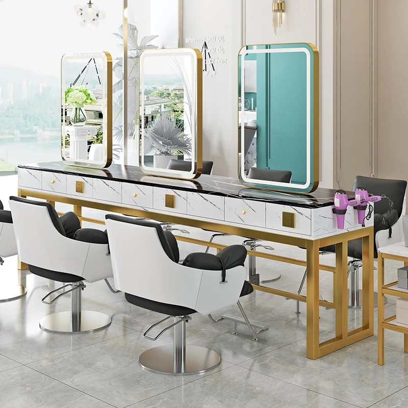 Mesa de espelho de corte de cabelo, cabeleireiro de face única, armário de espelho de corte de cabelo integrado, salão de cabeleireiro, mármore com luz