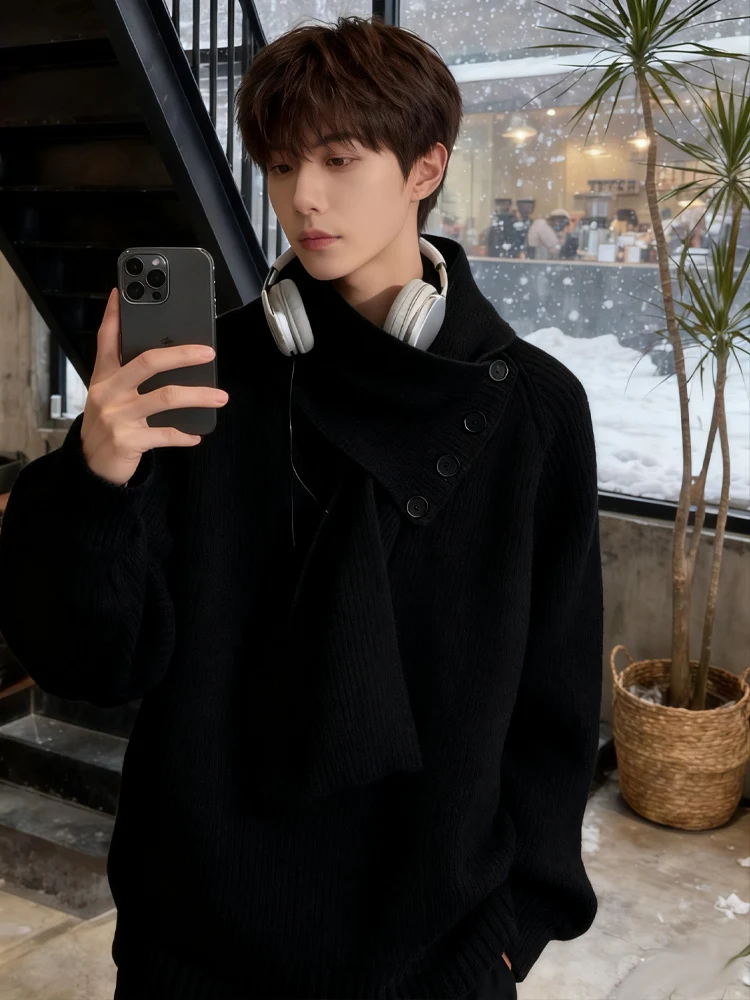 

Мужской свитер Bla со съемным шарфом, осенне-зимний, в американском стиле, вязаный, с высоким воротником, для ношения под одеждой, шерстяной