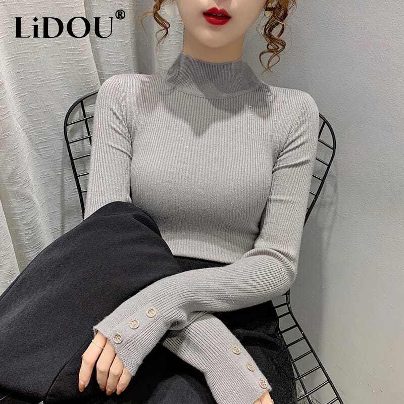 

2023 Autumn Winter New Solid Color Fashion Half High Collar Sweater Women High Street Casual Long Sleeve Button Slim Pullovers