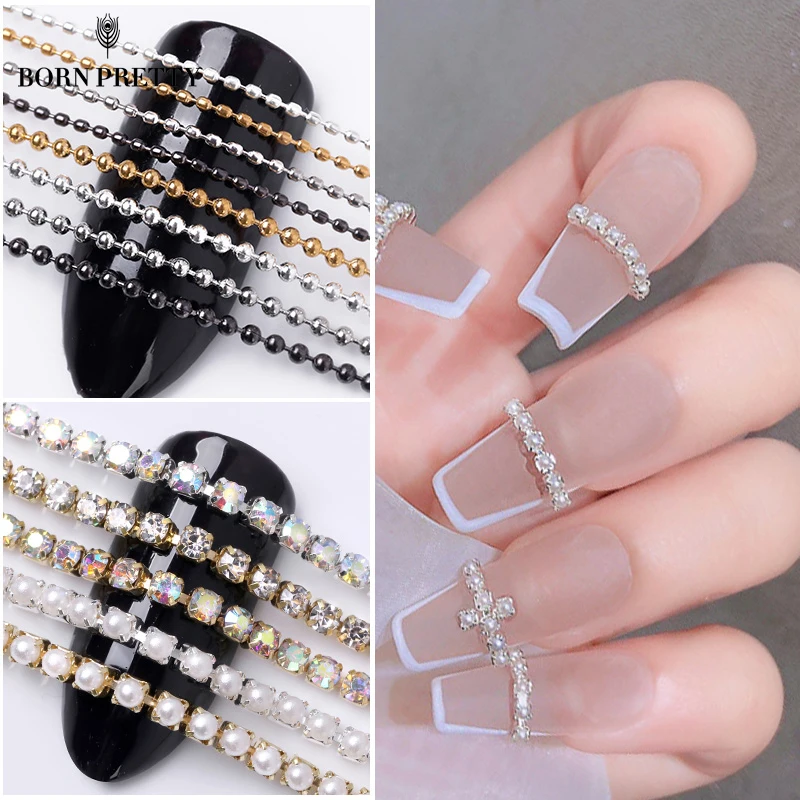 Nail Rhinestones Chain Silver AB Colors Stone 3D Nail Art Decorations Accessory Metal Steel Ball Chain Charms Jewelry Nail Bead