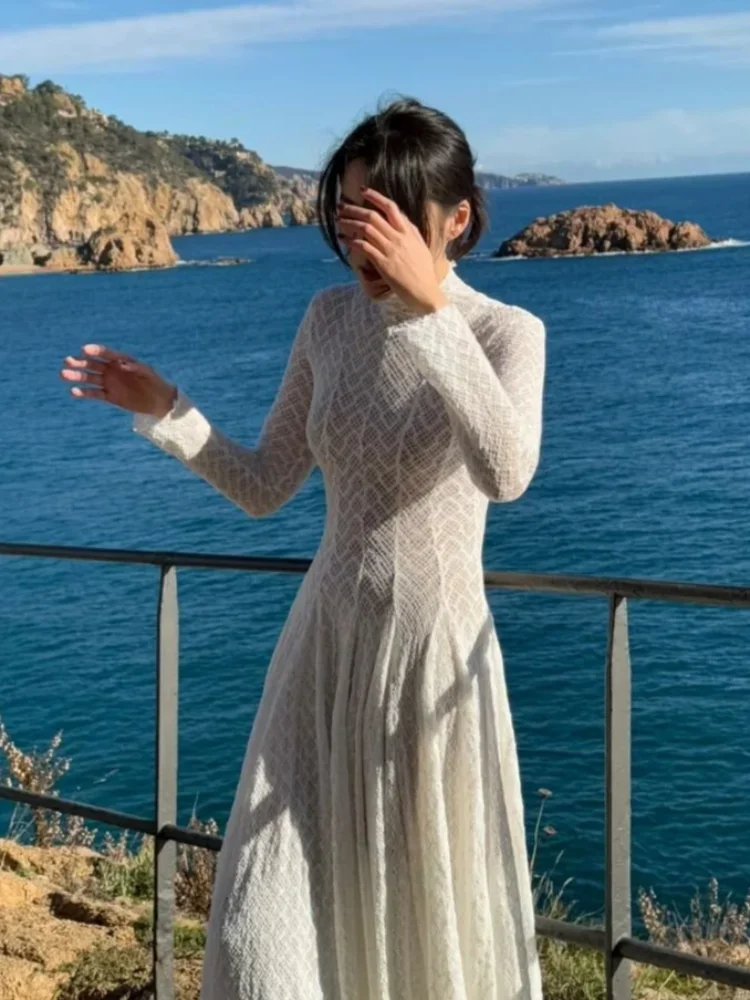 Elegant See Through Dresses For Women Chic Slim Fit Crochet Long Sleeves Hollow Out Ruffle A-line Vestidos New Summer Lady Gown