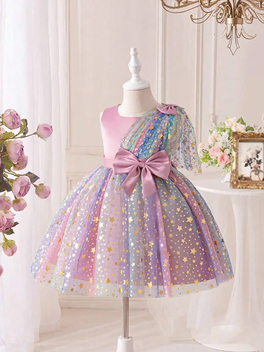 

Princess Tulle Evening Dress With Star Pattern And Bow Decoration