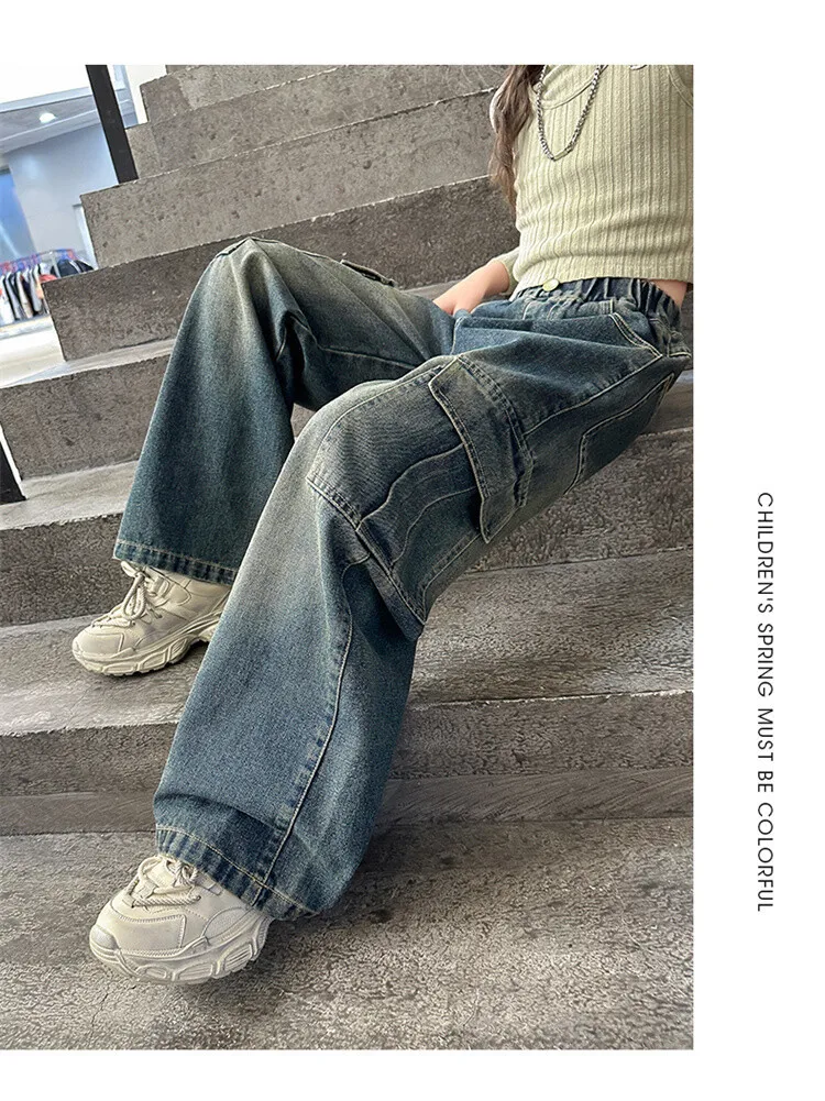 Mädchen Frühling Herbst Weitbein-Jeans 4-14 Jahre Kinder Teenager Elastische Hohe Taille Multi-Taschen Lose Lässige Streetwear-Hosen – Detail 10