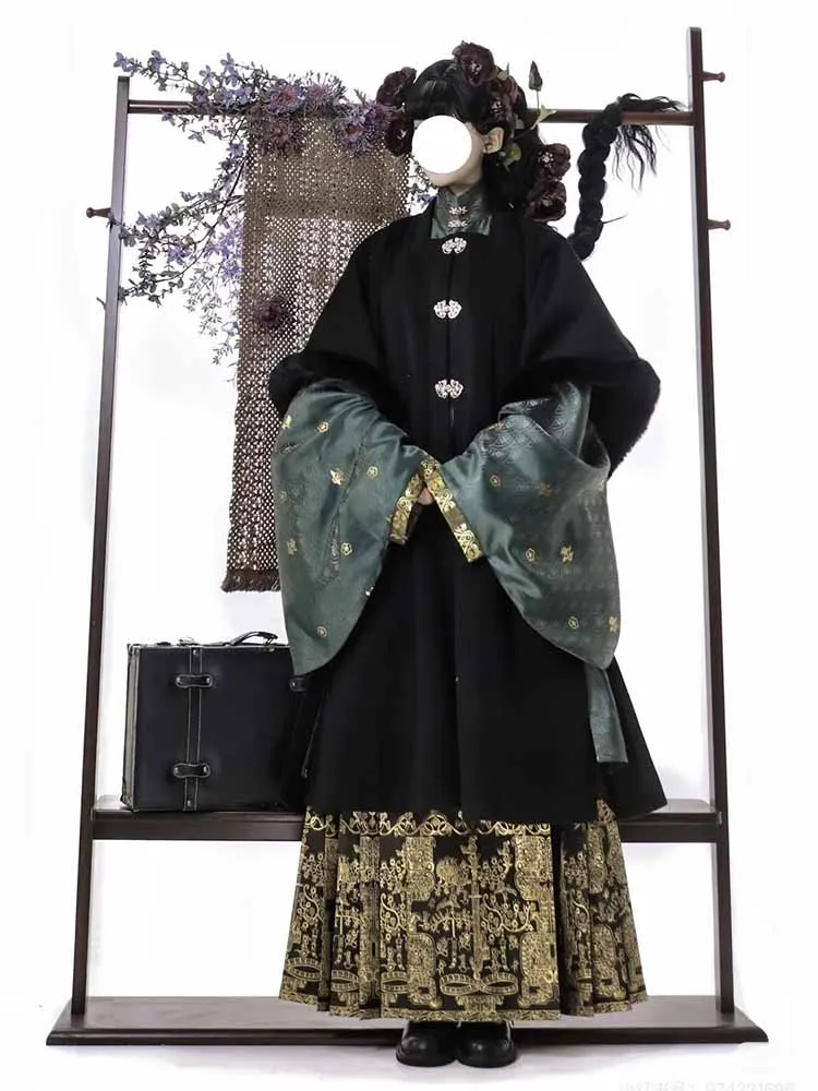 Inverno plus size 8xl hanfu feminino antigo chinês vintage dinastia ming preto engrossado casaco longo ouro cavalo rosto saia 3 pçs ternos