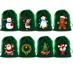 Merry Christmas Velvet Bags 9x12 13x18cm Green Drawstring Pouch Candy Gift Bag Favor Boutique Jewelry Packaging Bags 4Pcs/Lot