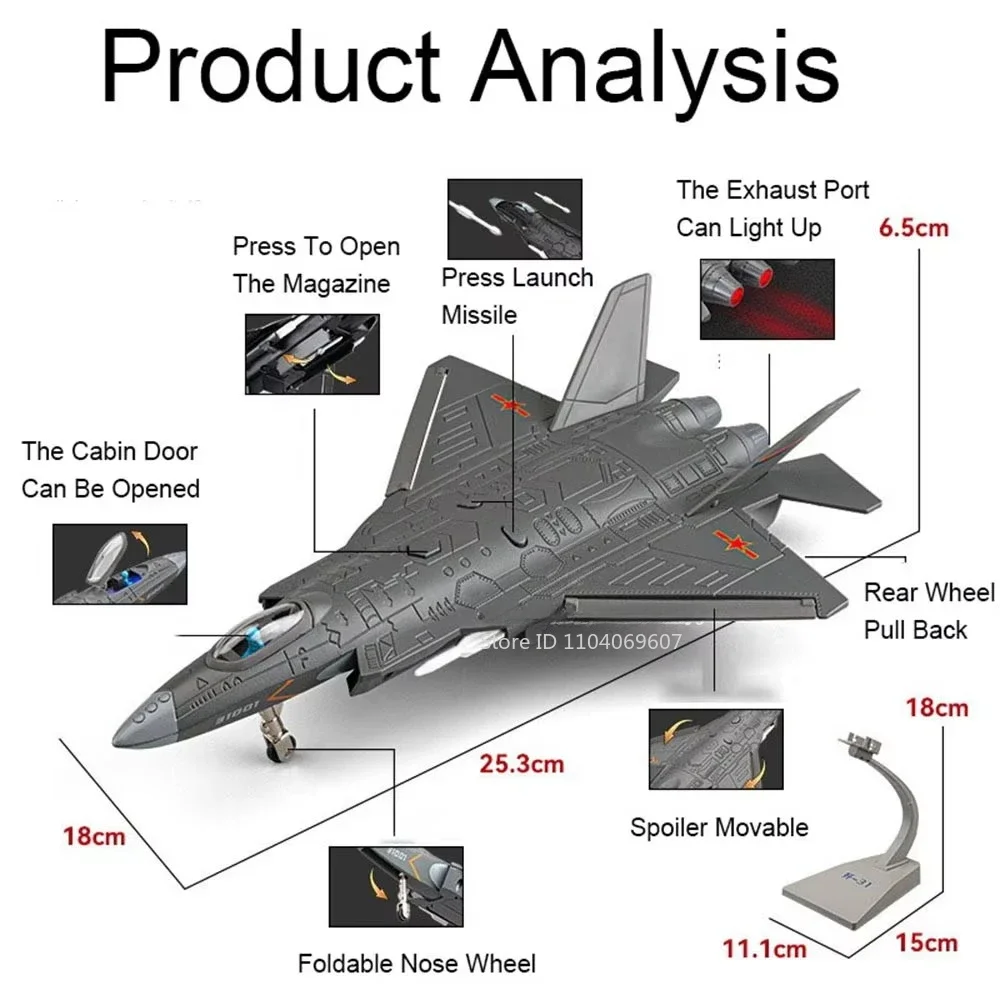 1:68 J-31 Stealth Fighter Model Toy Car Alloy Diecast Sound Light Military Aircraft Models Toys Pull Back Airplane Kids Gifts