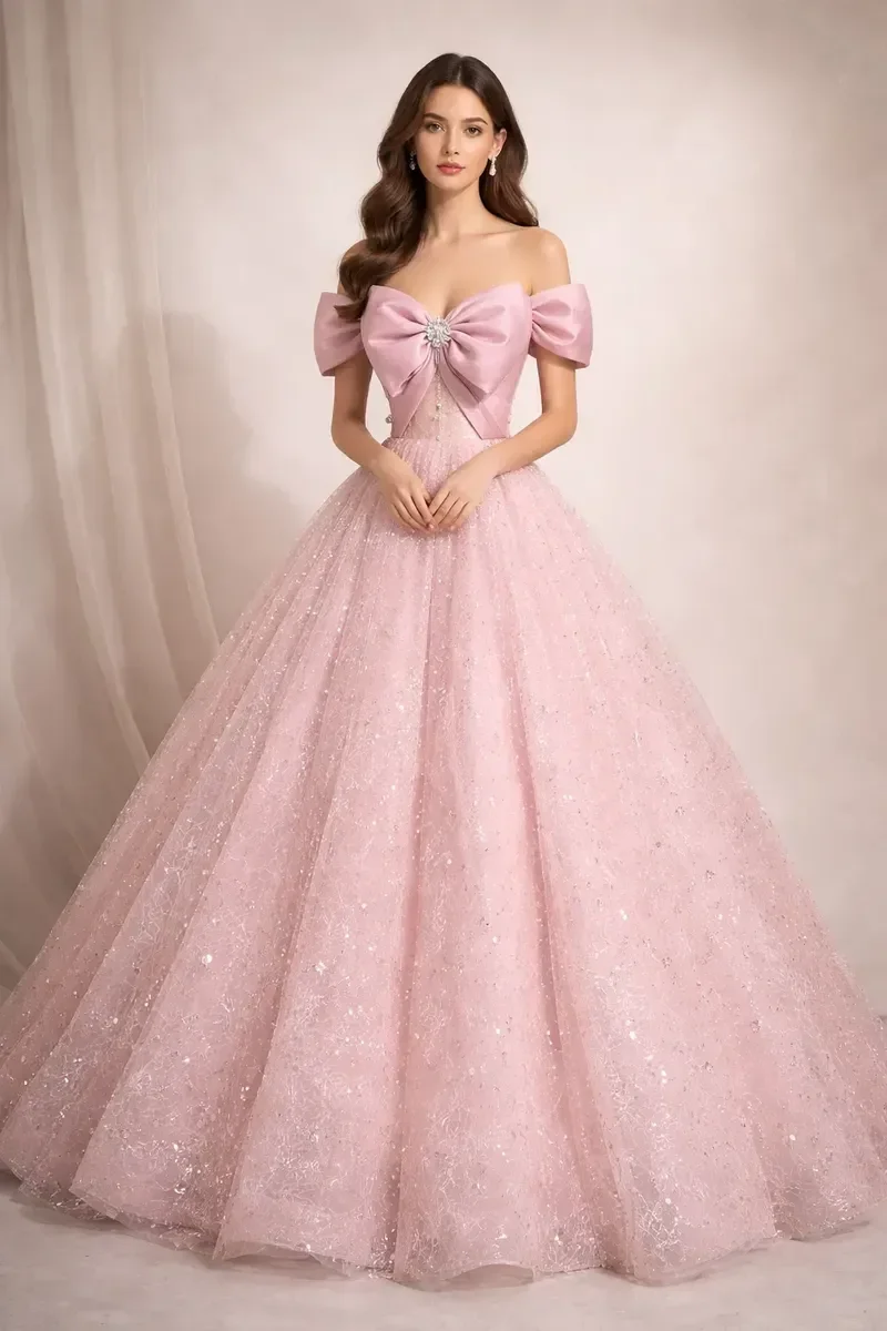

Pink Off Shoulder Big Bow Glitter Ball Gown Quinceanera Prom Dress with Free Petticoat