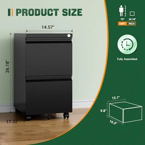 Mobile File Cabinet with Lock,2 Drawer Under Desk Metal Rolling Filing Cabinets for Home Office Organizer
