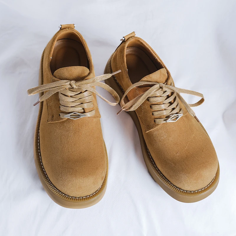 

Derby Men Shoes New Autumn Round Toe Frosted Height Increasing Big Yellow Shoes European American Casual Fashion Couple Shoes