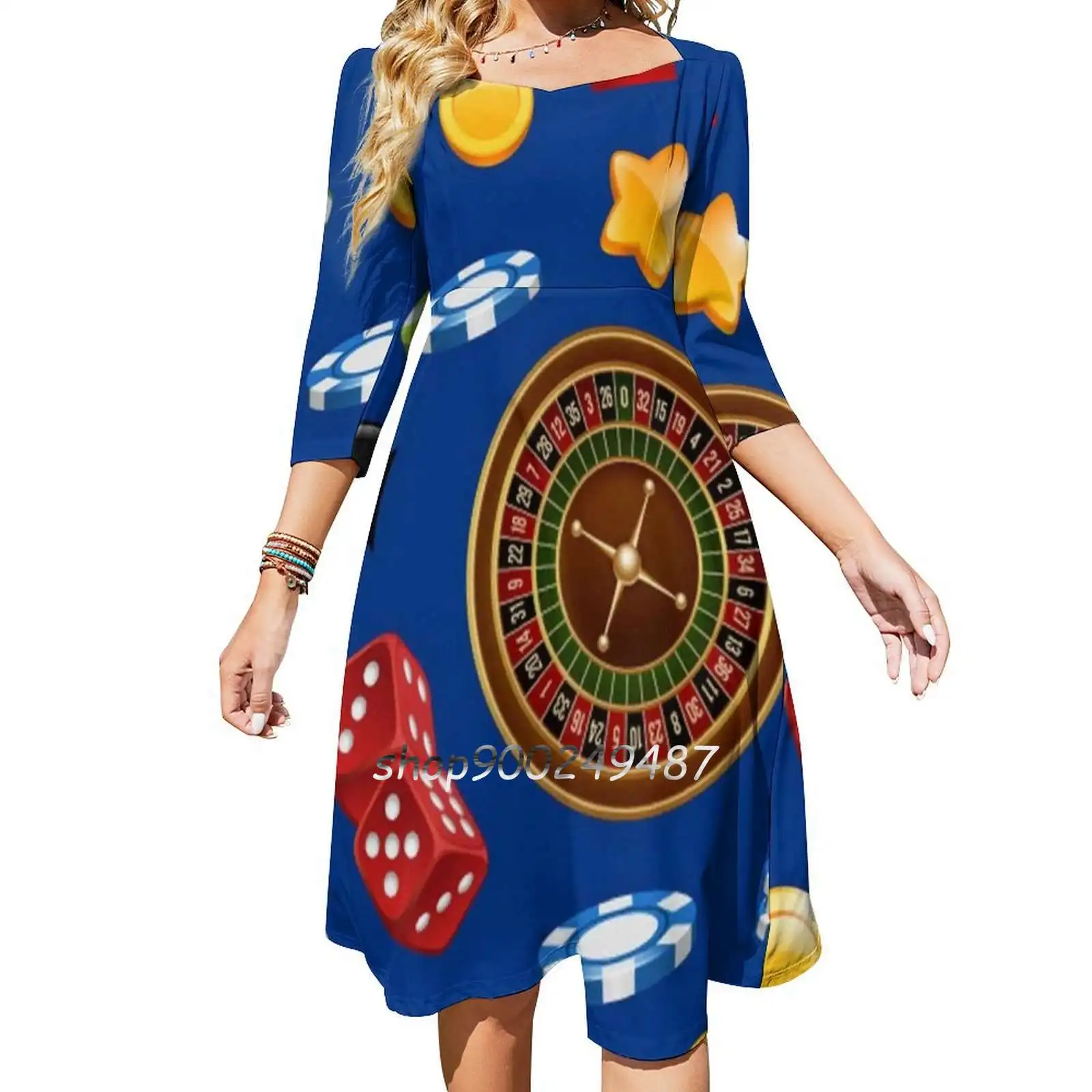 Casino Time Evening Party Dresses Midi Sexy Dress Female Sweet One Piece Dress Korean Casino Poker Chips Roulette Wheel Lucky 7