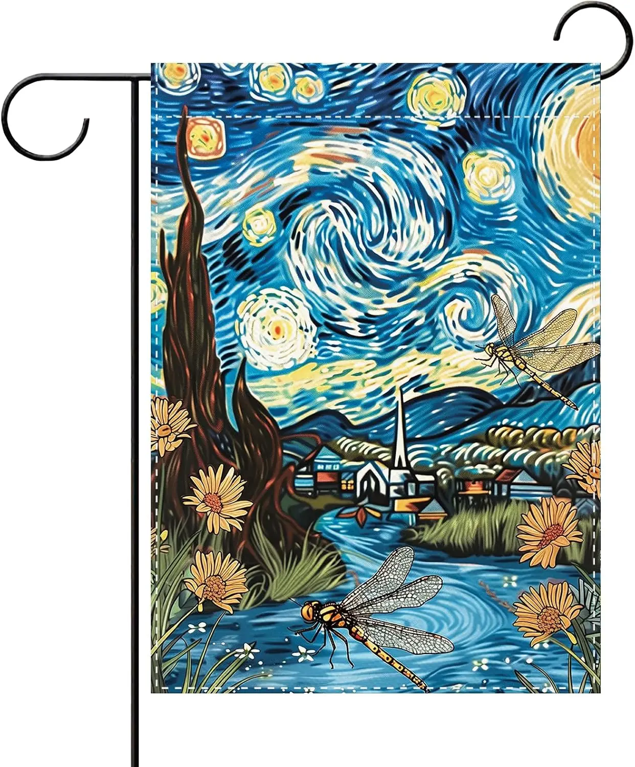 Spring Summer Starry Night Decorative Garden Flag, Abstract Oil | Painting Art Dragonfly Floral Small Yard Outside Decoratio uui