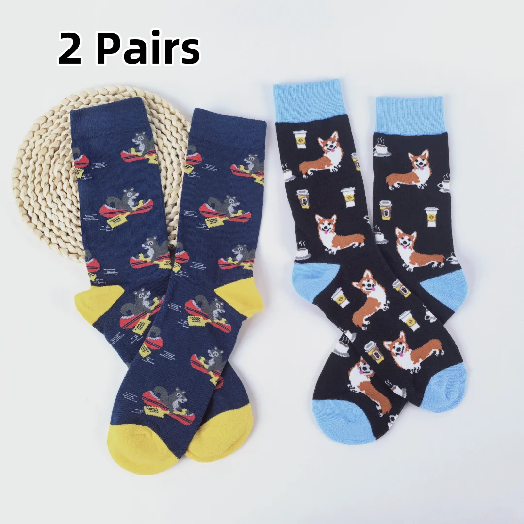 

2-пары милых мужских носков до середины икры с узором белки и корги, модные тенденции