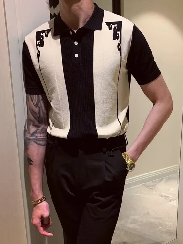 Luxury Slim Polo Shirts Mens Knitting Short Sleeve Button-up Lapel Polo Shirt Summer Vintage Crochet Polo Collar Knit Shirts