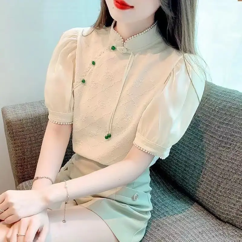 Summer New Short Sleeve Youth All-match Vintage Blouse Solid Simplicity Elegant Shirt Tops Fashion Temperament Women Clothing