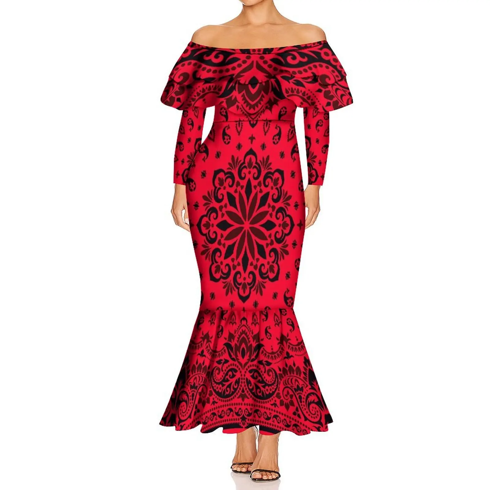 Verão bandana um pescoço de manga comprida dupla camada babados feminino emagrecimento fishtail vestido havaiano vestido personalizado padrão