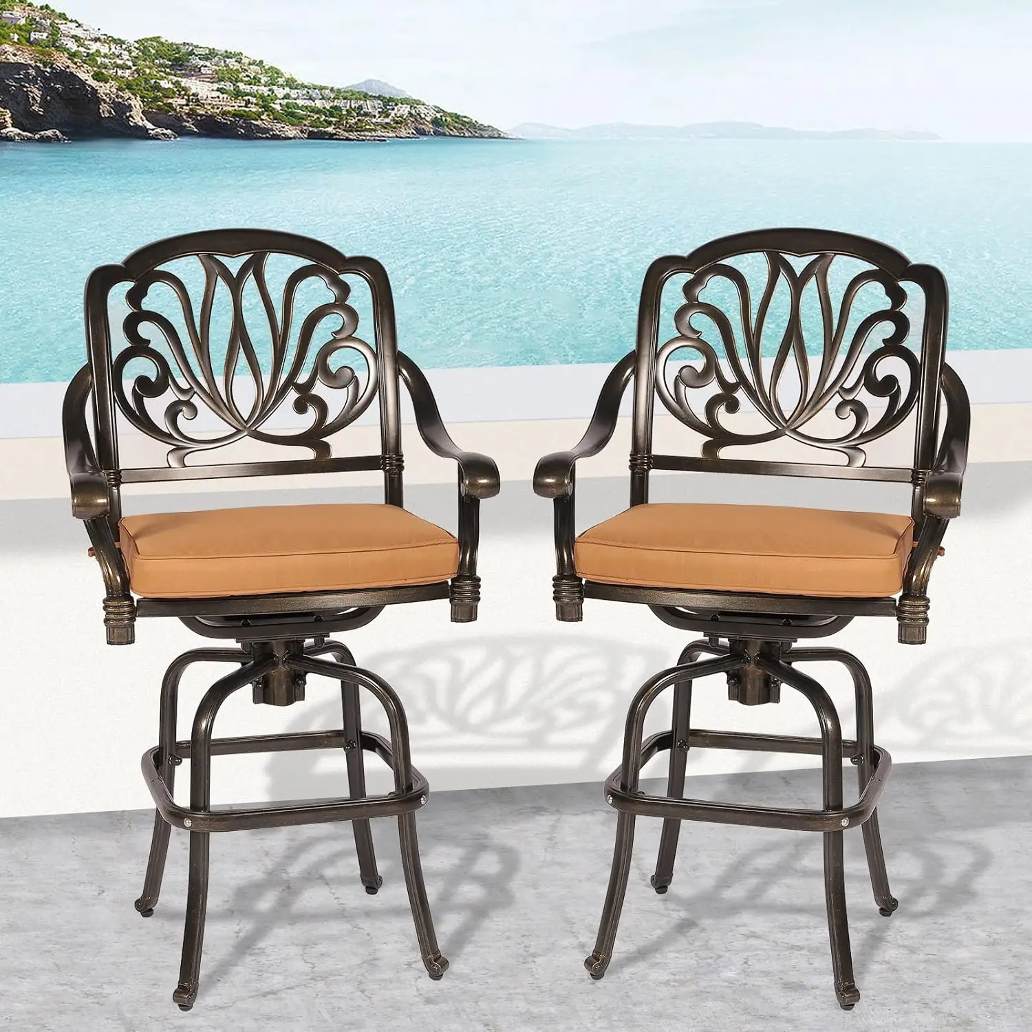 Outdoor Patio Swivel Bar Stools, All-Weather Cast Aluminum Bar Height Bistro Chairs, Furniture Bar Dining Chair Set with Cushion