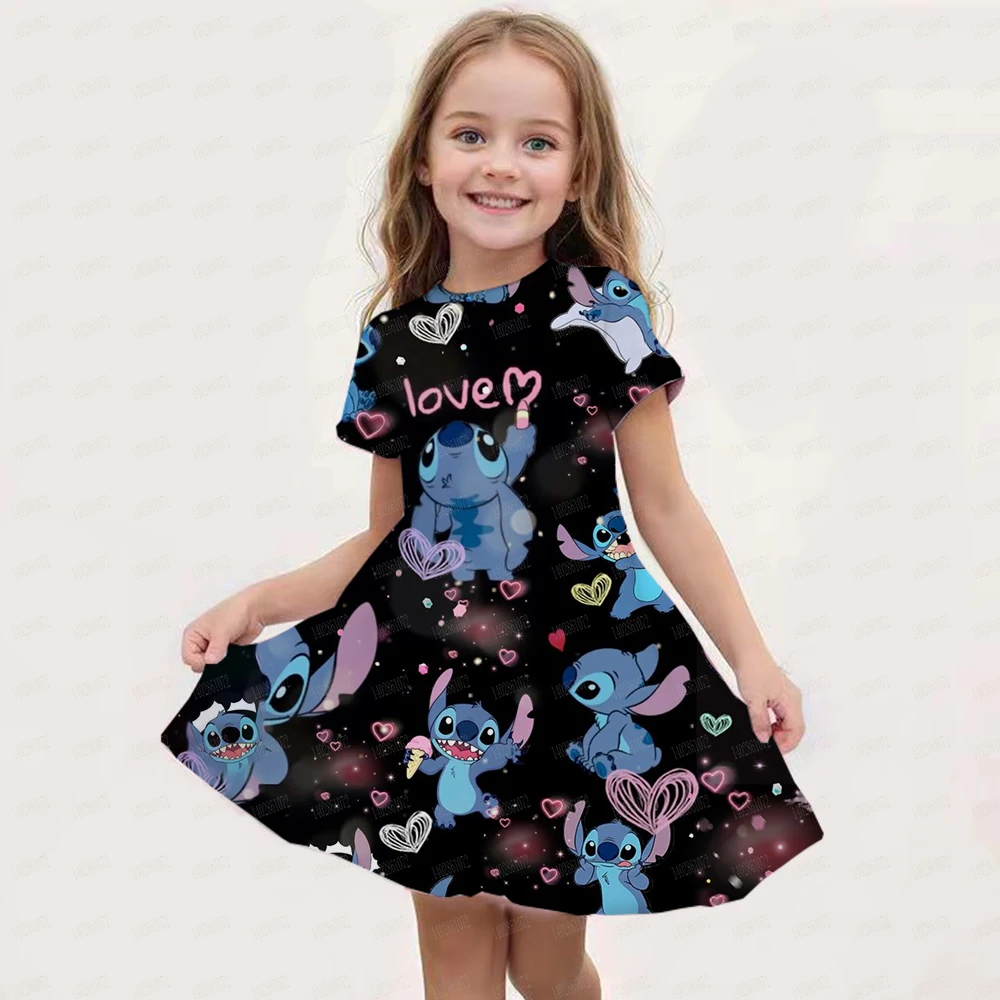 2024 Stitch Dress For Girls Children's Sleep Baby Summer Clothes StrayKids 3d Print Skirt Original Clothing Short-Sleeved Skirt