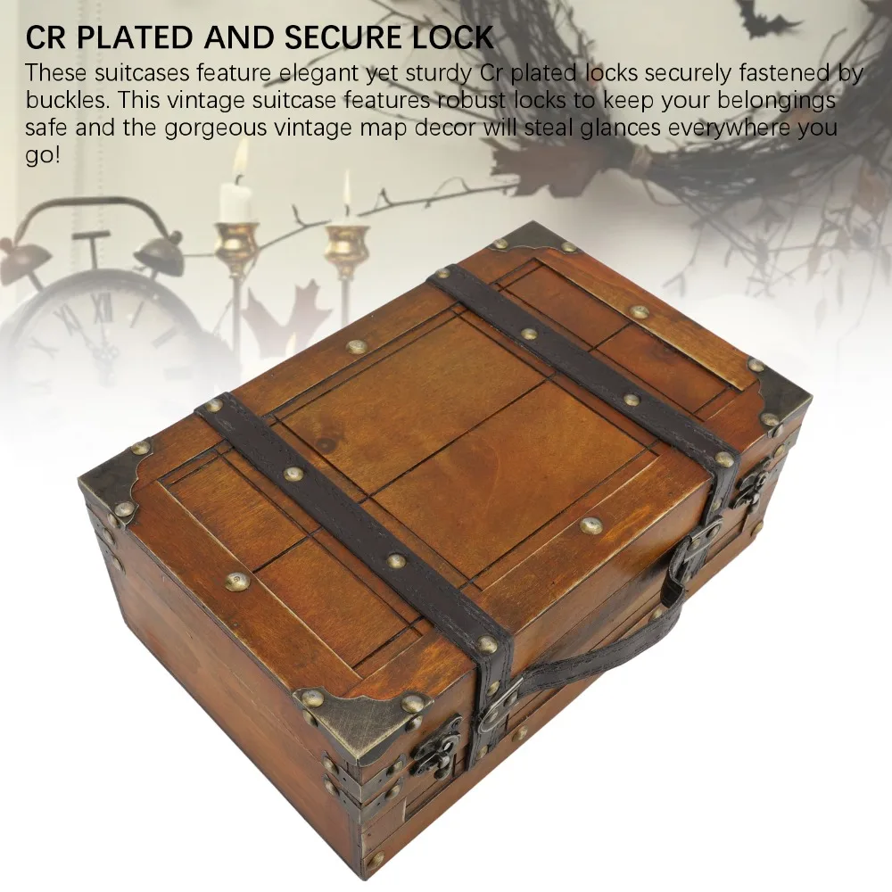 Hinged Lid Decorative Storage Box Brown Handcrafted Wooden Treasure Chest Wood Lockable Pirate Treasure Chest Classroom Prop
