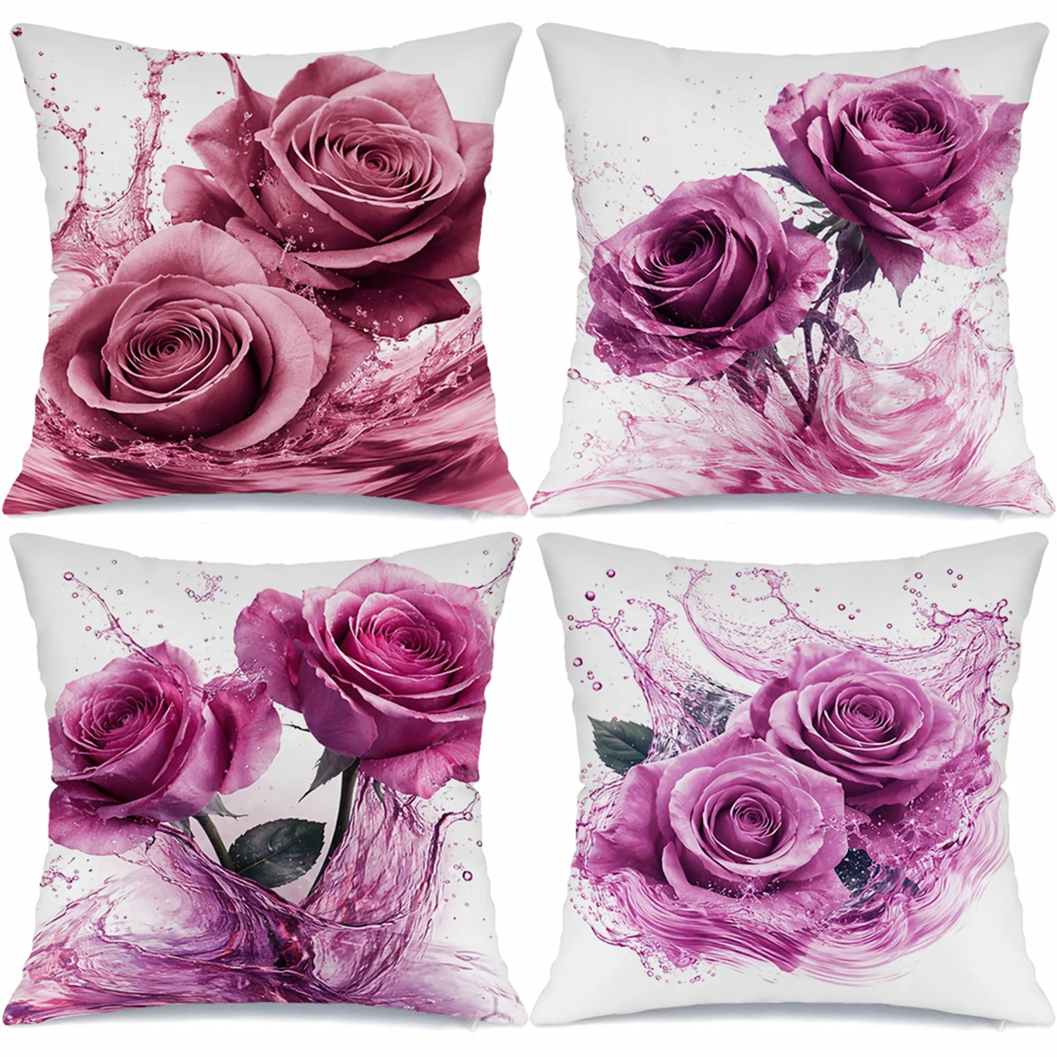 Purple Rose Water Splash Pillow Covers, Romantic Floral Decorative Throw Pillow Cases, Elegant Home Decor Cushion Covers 4pcs