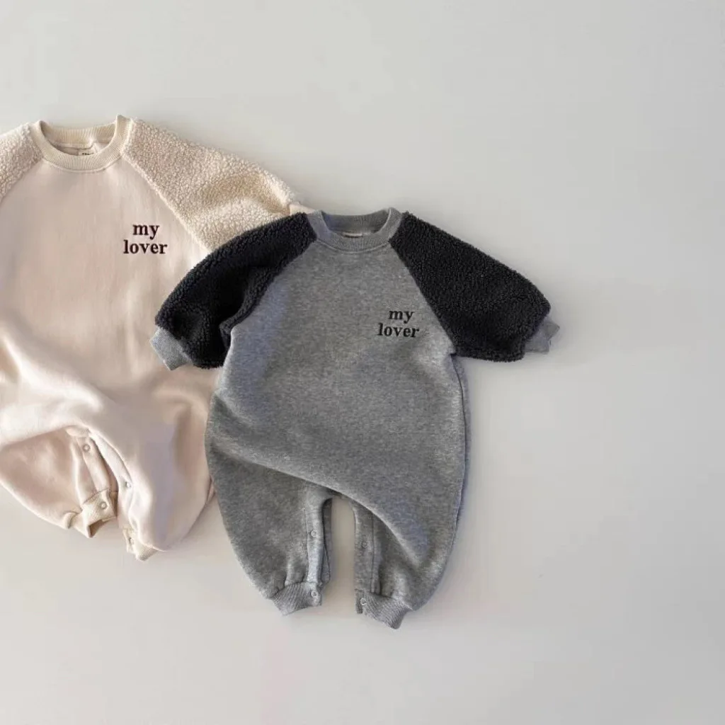 2025 Winter New Baby Long Sleeve Warm Romper Newborn Plus Velvet Thick Jumpsuit For Boy Girl Toddler Cute Letter Clothes 0-24M