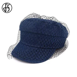 FS 2024 British Retro Denim Beret Navy Blue Flat Top Hats For Women With Mesh Veil Visor Fedoras Ladies Elegant Military Cap