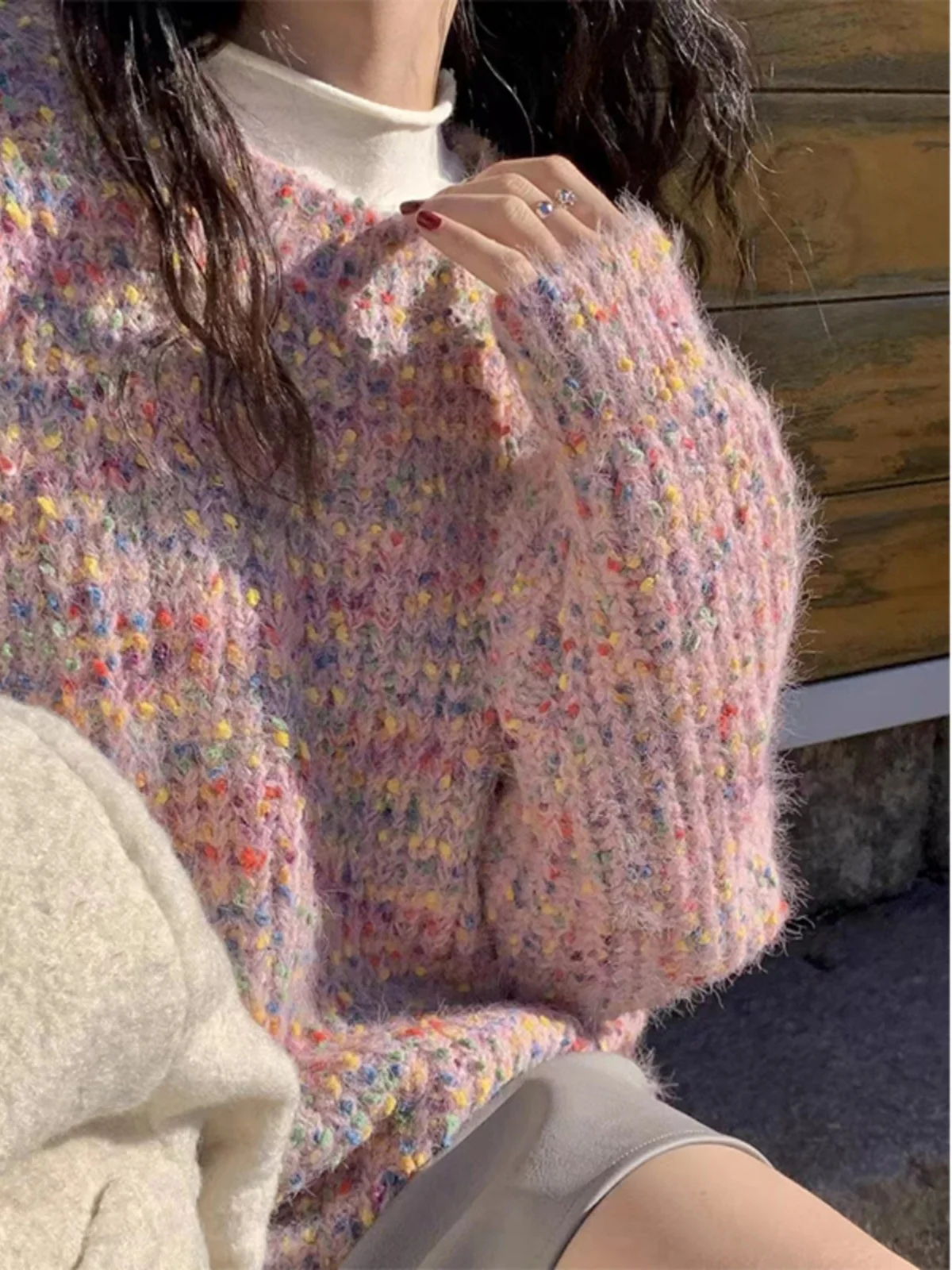 

Loose Women's Knitted Sweater Starry Pastel Pink Korean Sle Lazy Faion Autumn Winter New Arrival College Sweet Sle