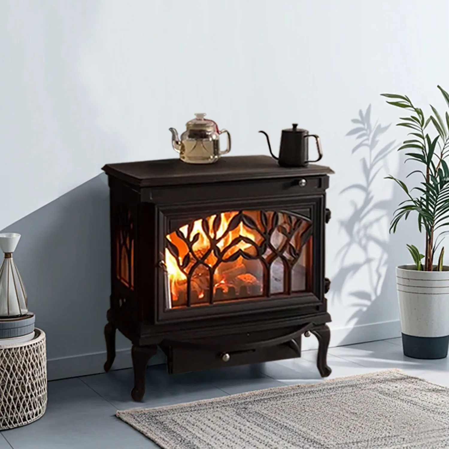 Factory direct sales olive branch three-sided glass fireplace cast iron real fire household wood burning wood heating