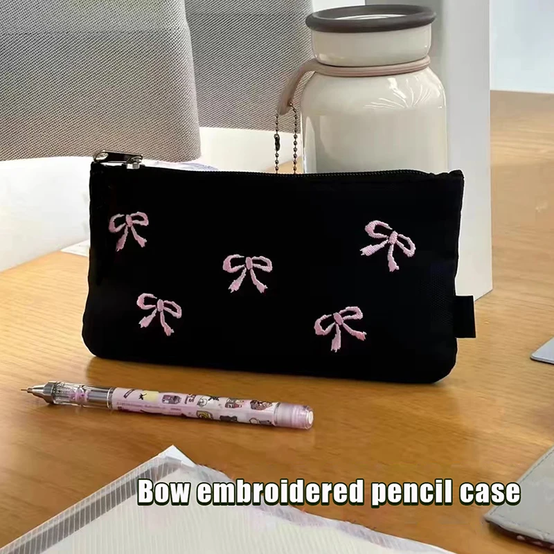 Ins Style – trousse à crayons Simple avec nœud noir, sac de rangement pour crayons de grande capacité, sac à cosmétiques, organisateur de papeterie, fournitures scolaires
