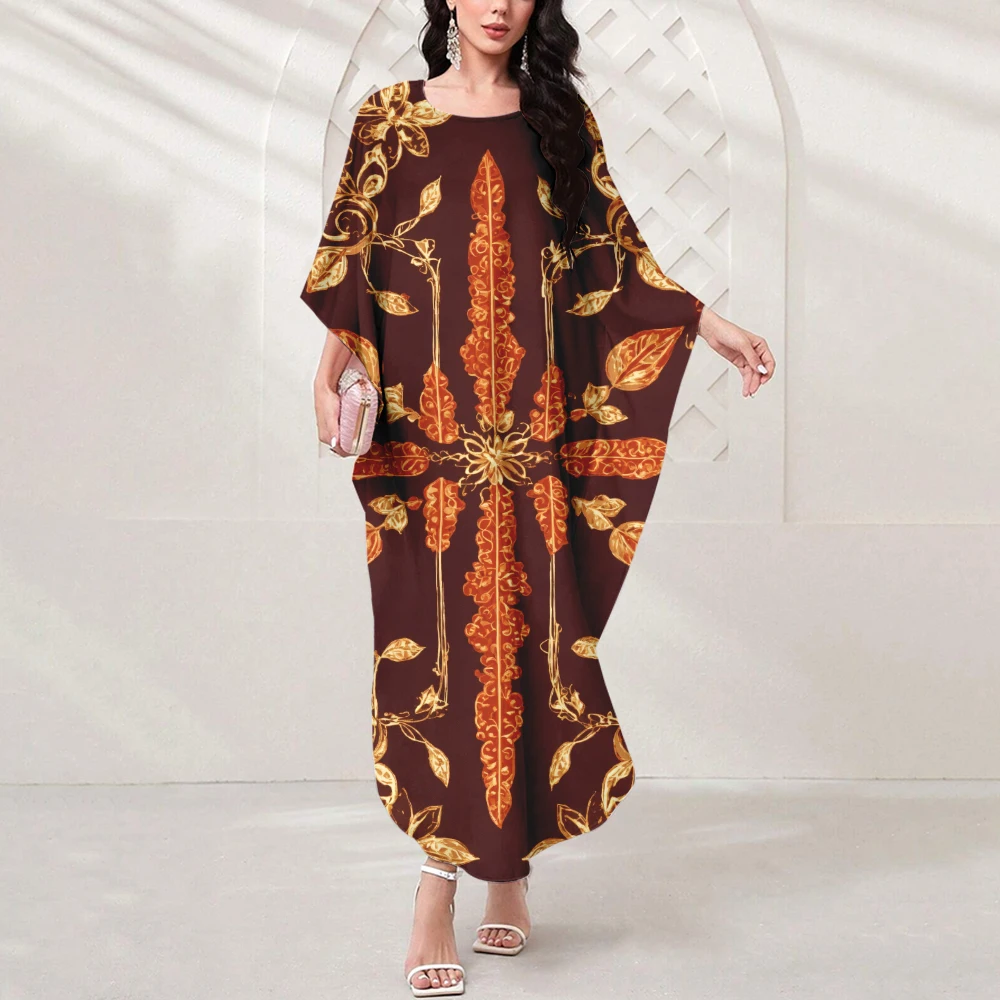 Summer Dubai Women's Muslim Abaya Dress Vintage Classic Geometric Print Casual Dress Islamic Women's Crew-neck Muslim Dress