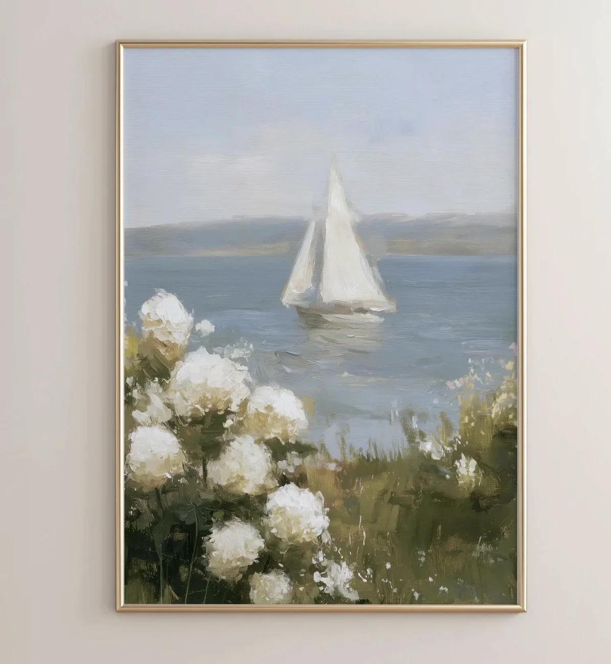 Soft White Hydrangea Lake Sailboat Canvas Wall Art Print, Coastal Scenery Poster Decor for Bedroom Living Room Beach House
