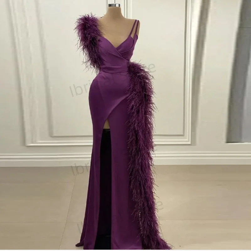 

Customized Luxury Feather Mermaid Evening Dress Long Sleeves Sweetheart Side Split Occasion Gowns Celebrity Gowns