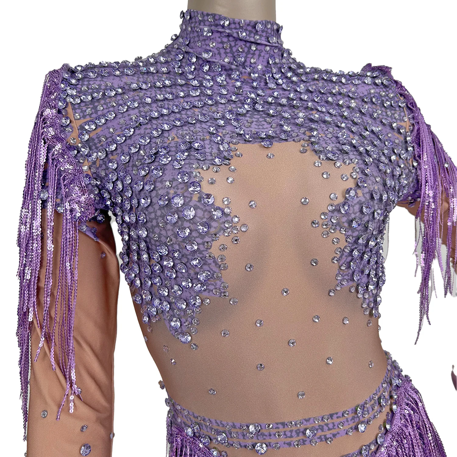 Nightclub Sexy Women Spandex Tight Fitting Bodysuit Sparkly Rhinestone Sequins Tassel Bodysuit Party Dance Show Outfit Xinniang