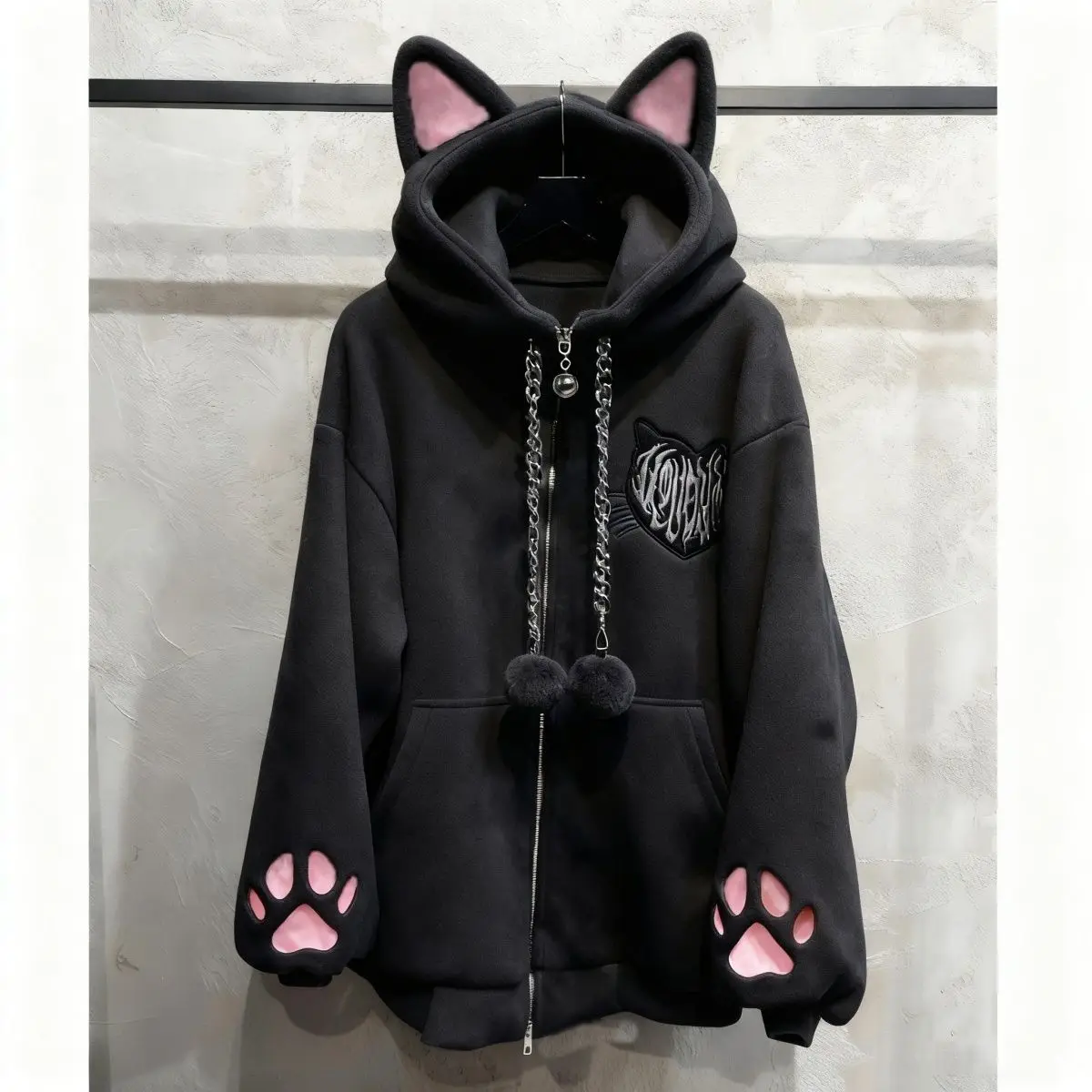 Autumn and Winter Girls' Warm Fleece Lined Thick Subculture Cute Cat Ear Hooded Cat Paw Long Sleeve Coat