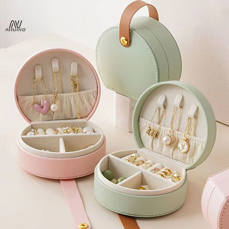 Mini PU Jewelry Organizer Display Travel Jewelry Case Earrings Necklace Ring Portable Handbag Jewelry Box Round Leather Storage