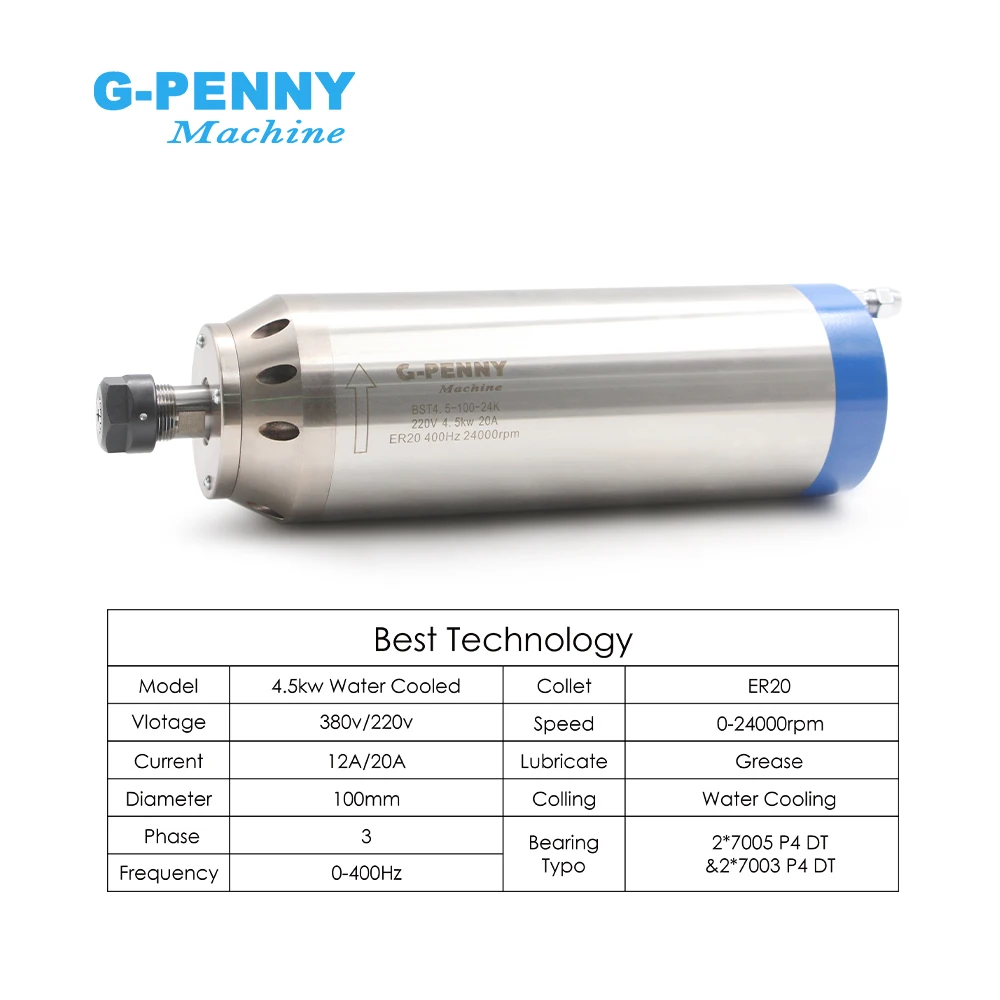 4.5kw ER20 D100 Water Cooled Spindle Bullet Type Inverterbracket Pump Motor Bearing 400Hz Milling 220V/380V 0-24000r/min