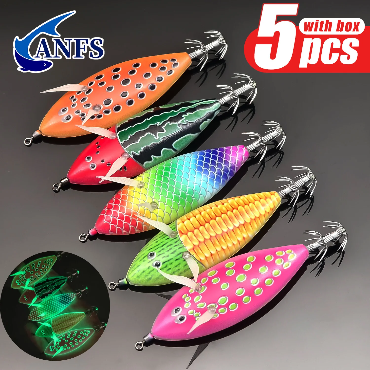 ANFS 5er-Set Tintenfisch-Jigs, horizontaler Tintenfischköder für Salzwasser, Oktopus, Tintenfisch, Meeresangeln