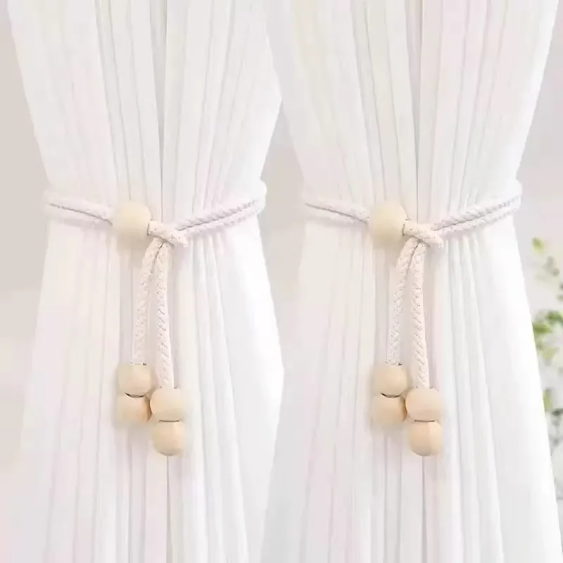 2pcs Japanese Wabi-Sabi Style Braided Rope Tie Straps, Soft Cotton Thread Weaving, Matte Wood Beads Decorative Binding Bands