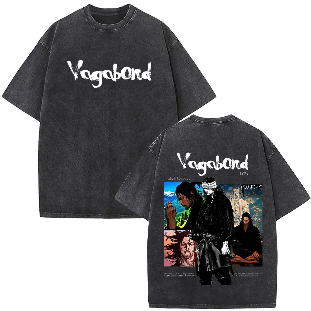 Anime Vagabond Miyamoto Musashi Vintage Washed T-shirts Men Women Clothing Fashion Casual Cotton Short Sleeve Oversized T Shirts