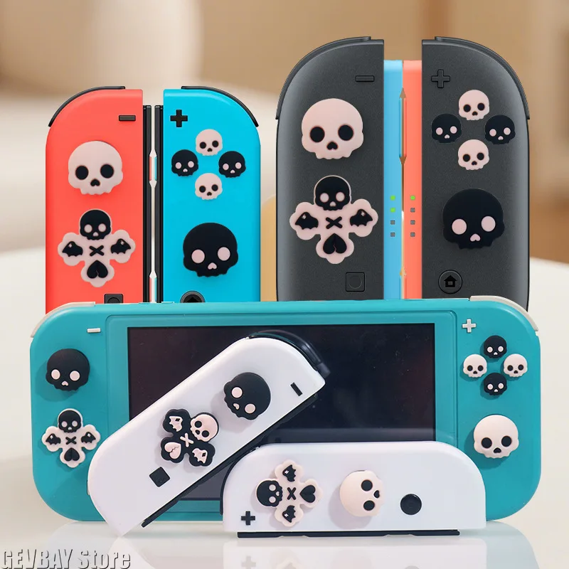 Skull Pattern Silicone Button Cover D Pad Cross Key ABXY Decor Skin for Switch 2/NS Lite Oled Joy-con Thumb Stick Grip Cap Cover