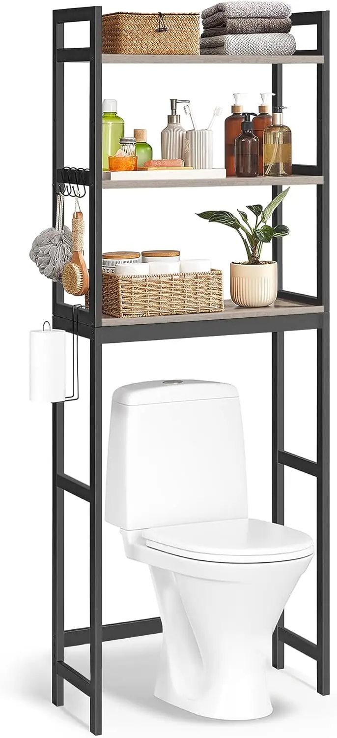 

Стеллаж для хранения над унитазом, 3-ярусный органайзер для ванной комнаты над унитазом с регулируемыми полками, крючками, бамбуковый, отдельно стоящий, экономит пространство