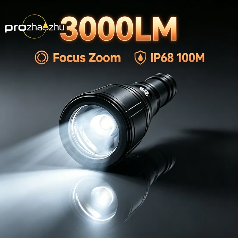 PROZHAOZHU DL-B20 3000LM Focusable Dive Torch IP68 100M USB-C Direct Charge 26650 Scuba Diving Flashlight for Recreation