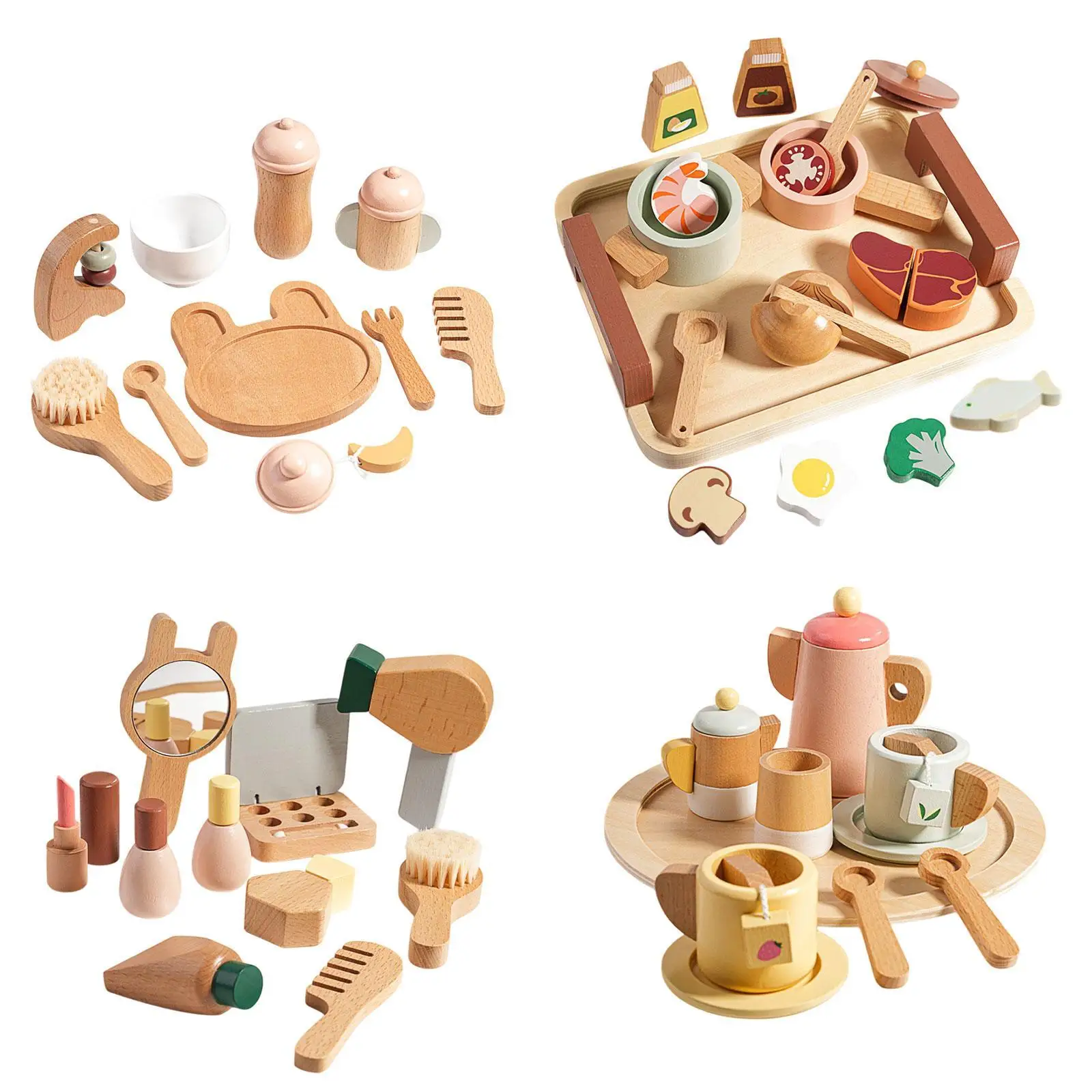 Wooden Play Toy Set for Kids Simulation Wooden Toy Montessori Wooden Makeup Kits for Birthday Gift Girls Toddlers Children Kids