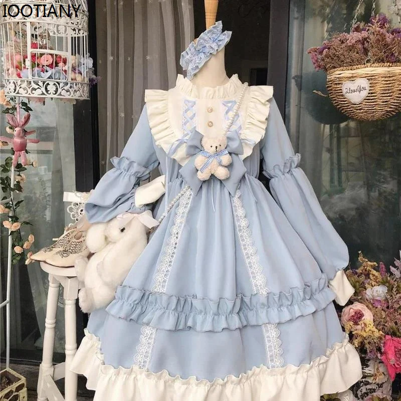 Primavera japonesa kawaii lolita vestido menina cosplay roupas femininas bonito arco urso renda vestido azul manga longa vestido de princesa 2025