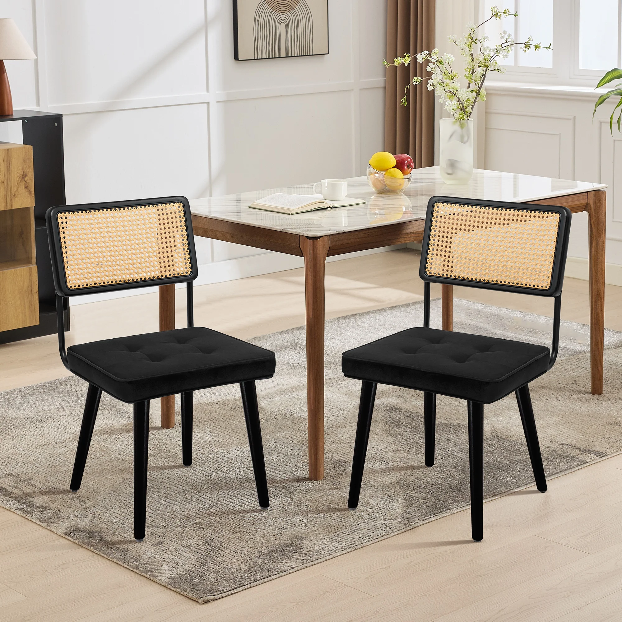 Mid-Century Modern Rattan Dining Side Chairs - Cane Backrest - Solid Wood Legs - Upholstered Velvet Seat, Set of 2