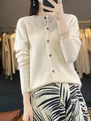 Cárdigan de Cachemira con cuello redondo para mujer, suéter de lana merina de 100%, prendas de punto con botones de estilo básico, Tops suaves informales para Otoño e Invierno