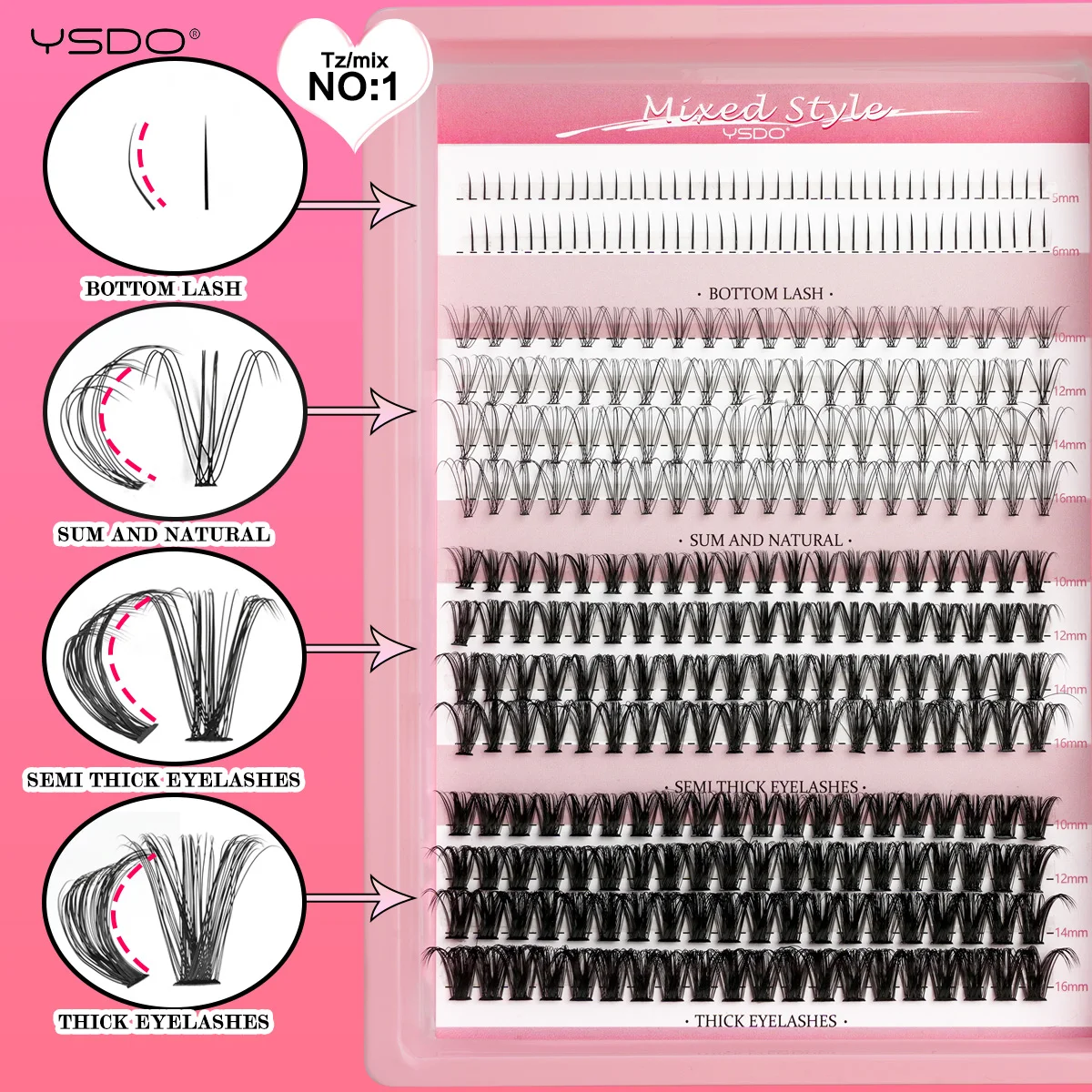 YSDO DIY Wimpernverlängerungsset 14/32P Einzelwimpern-Set Cluster D Curl 9-16mm Mix 30D-120D Wimperncluster mit Bindung und Dichtung – Detail 10