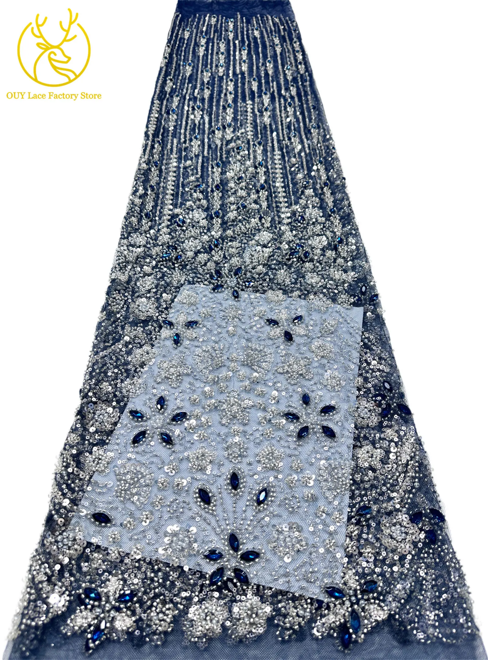 2026 Luxuriöser französischer Mesh-Spitzenstoff mit Perlen und Steinen, marineblau, afrikanischer nigerianischer Edelstein-Pailletten-Spitzenstoff zum Nähen von Hochzeitskleidern – Detail 21