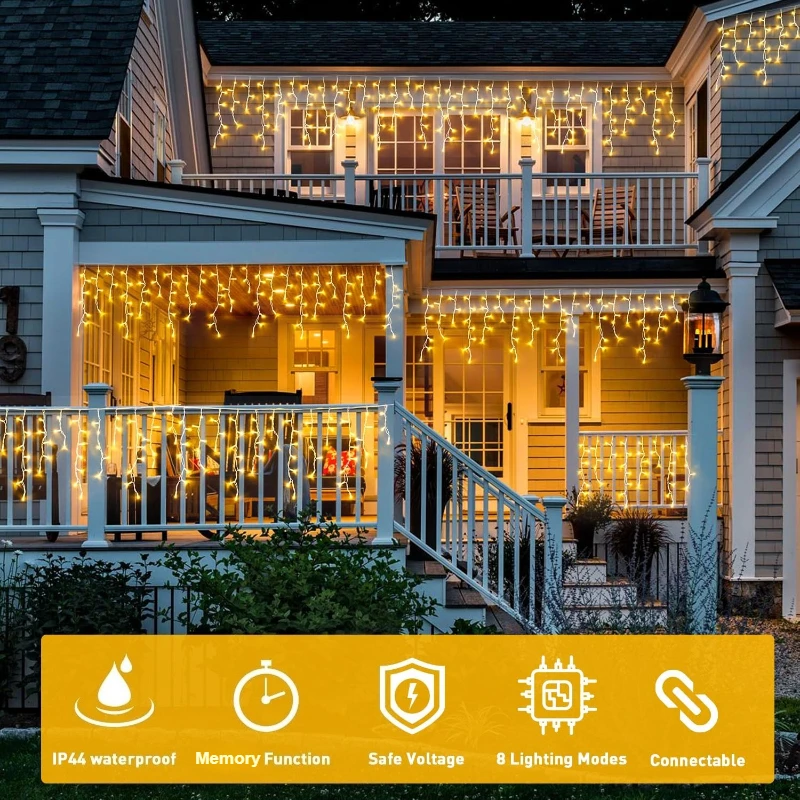Luce a ghiacciolo a LED 8 modalità Luci a corda per tende da esterno per interni per decorazioni natalizie per feste in patio, case di nozze