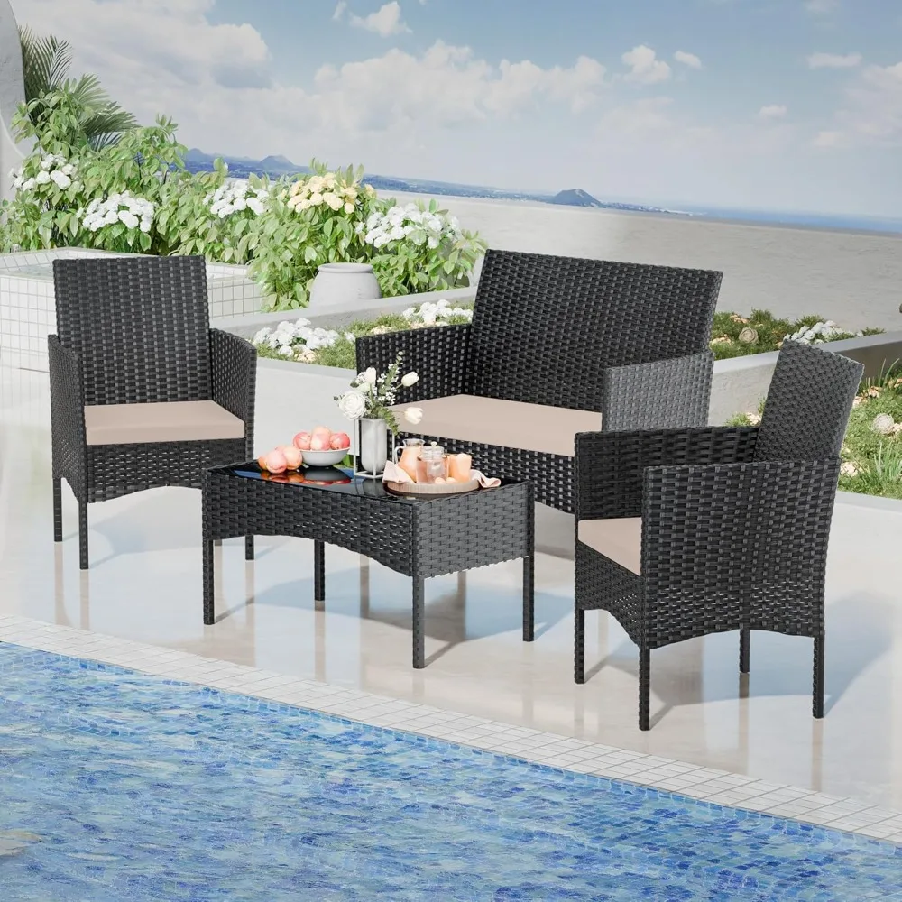 

4-piece set of courtyard furniture, outdoor conversation furniture, rattan furniture, porch wicker chairs