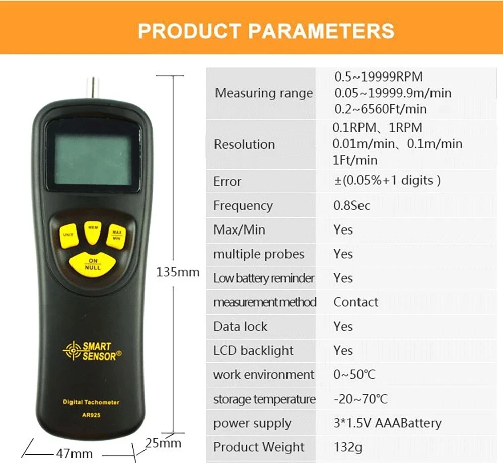 0.5 ~ 1999 دورة في الدقيقة AR925 الاتصال مقياس سرعة الدوران الرقمي مع سرعة عرض الإضاءة الخلفية LCD #2
